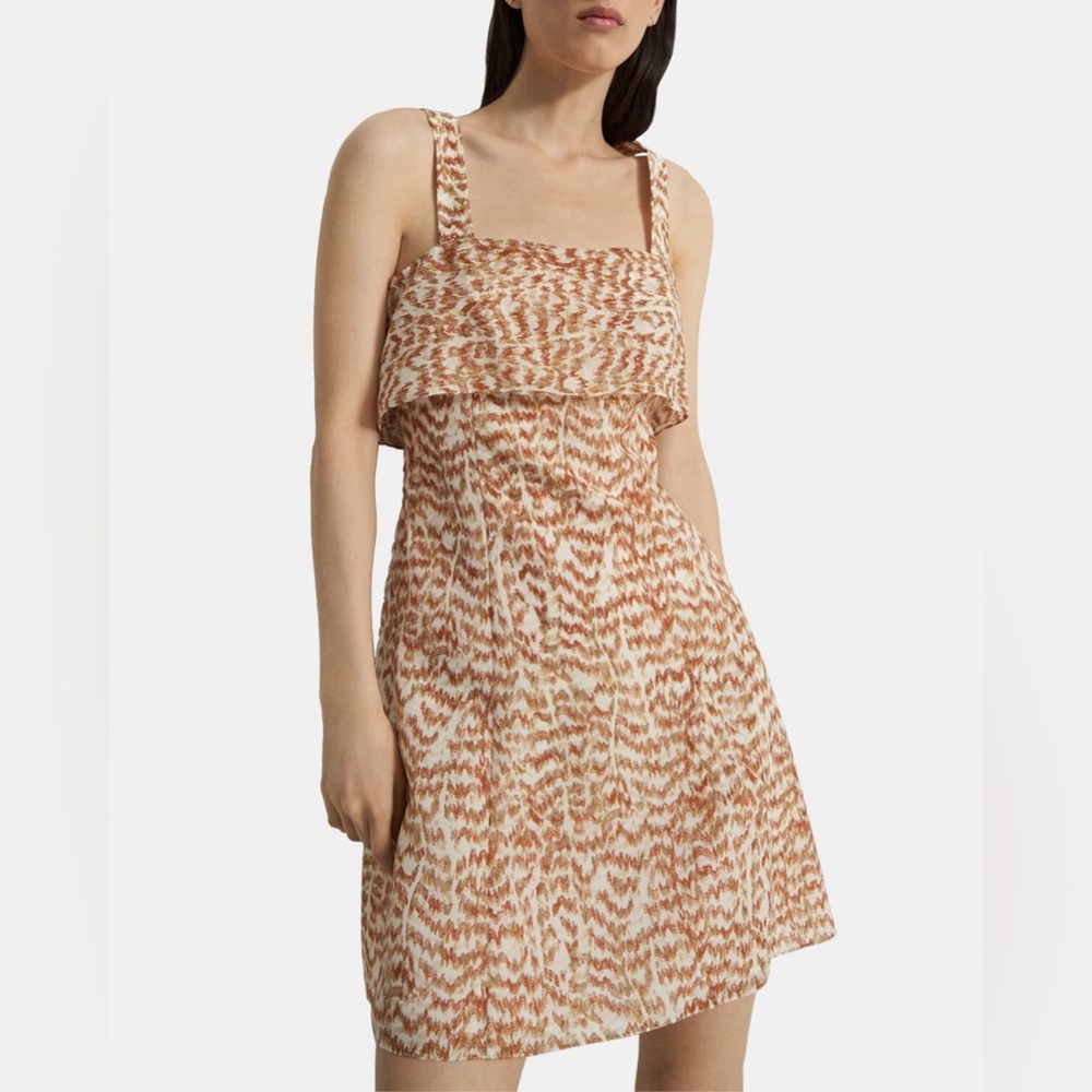 NWT Theory Drape-Back Dress in Printed Poly White Orange Brown Size 2 MSRP $365